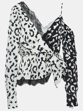 Self-Portrait Black & White Leopard-Print Wrap Blouse with Lace Trim